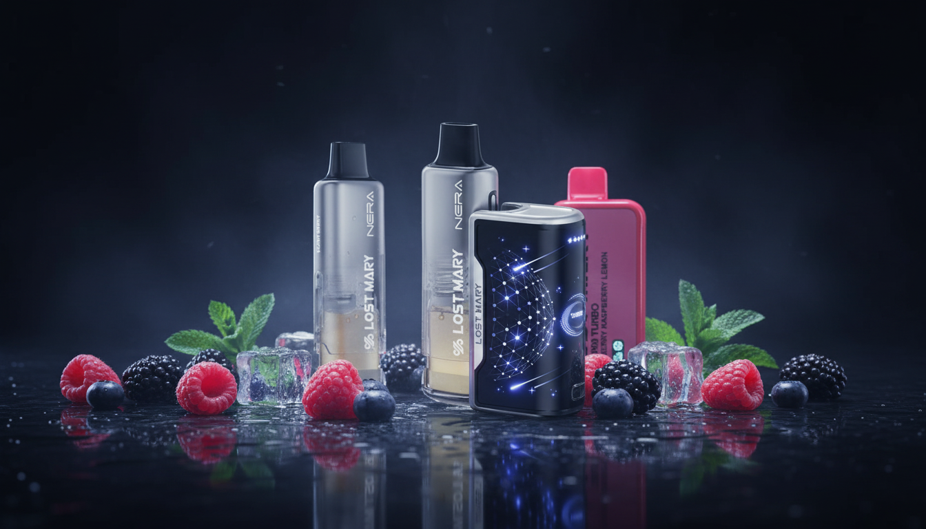 Lost Mary devices with berries and ice on a dark reflective surface