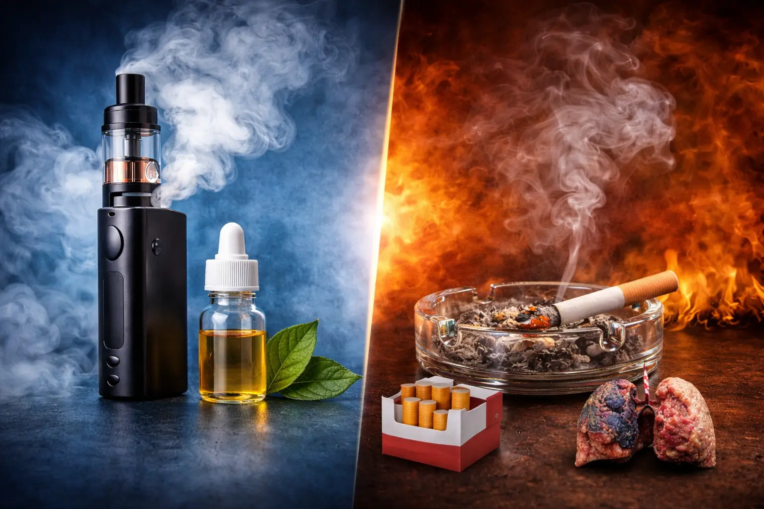 Visual comparison between vaping and smoking cigarettes, illustrating harm reduction for adult smokers